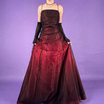 Burgundy Gorgeous Delicate Beads Elegant Sweet Spaghetti Straps Long Satin Tulle Ball Gown Evening Gown Birthday Party Gown Graduation Gown Prom Gown gh3953