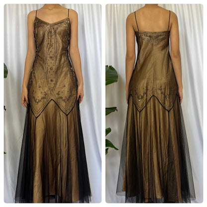 Golden Brown Vintage Fashion Elegant Exquisite Beading Long Chiffon Satin Tulle Ball Gown Evening Dress Party Dress Prom Dress gh3723