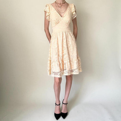 Cream/Yellow Homecoming Dress Lace Baby Doll Dress Ruffle Flowing Open Back Summer gh4595