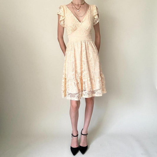 Cream/Yellow Homecoming Dress Lace Baby Doll Dress Ruffle Flowing Open Back Summer gh4595