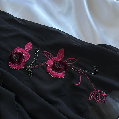 Black Elegant Delicate Red Rose Floral Beaded Long Chiffon Ball Gown Evening Dress Party Dress Prom Dress gh3691