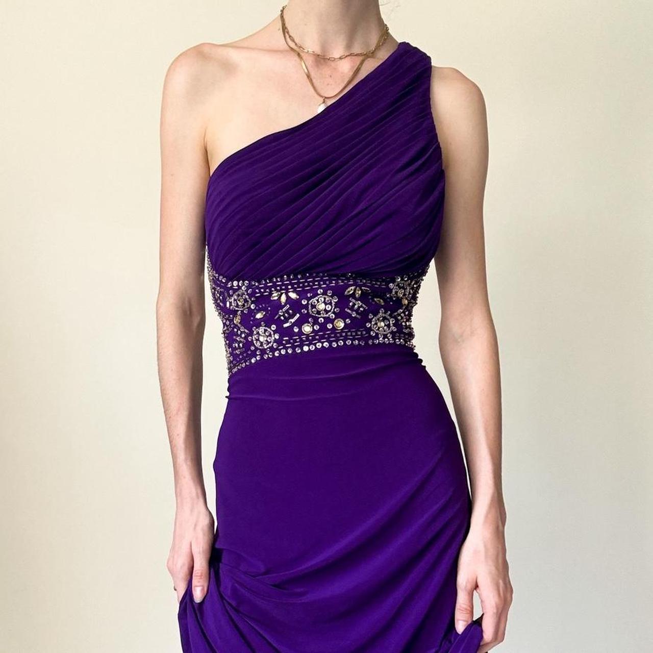 Purple One Shoulder Long Strap Trailing Beaded Off Shoulder Ball Gown Evening Dress gh4590