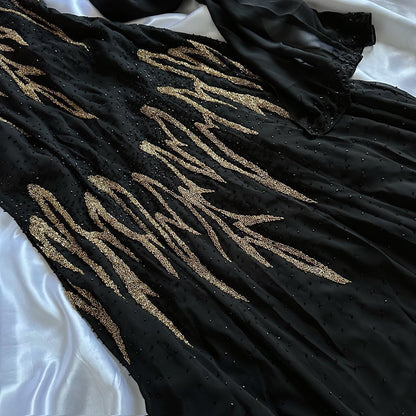 Black Gorgeous Delicate Gold Beaded Rhinestone Spaghetti Straps Long chiffon Ball Gown Evening Gown Party Dress Prom Gown gh3866