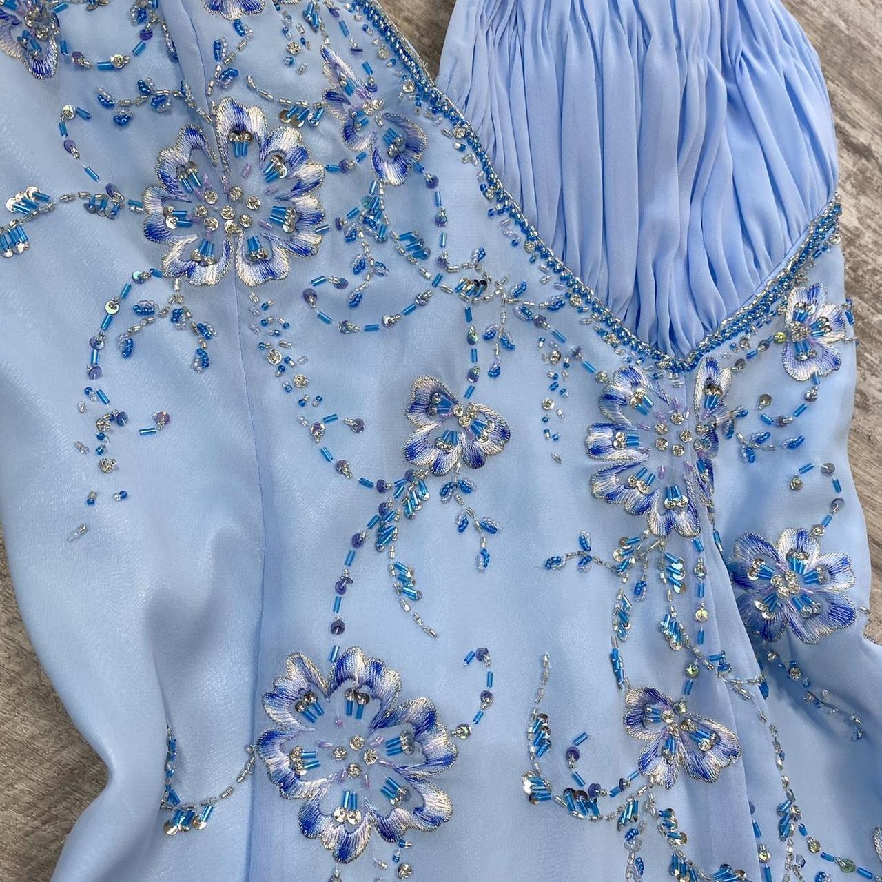 Beautiful light blue A-line strap blue delicate floral rhinestone sequin beaded backless long slit chiffon ball gown evening gown prom gown birthday party dress gh3805