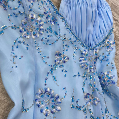 Beautiful light blue A-line strap blue delicate floral rhinestone sequin beaded backless long slit chiffon ball gown evening gown prom gown birthday party dress gh3805
