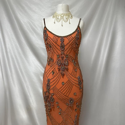 Fantasy Orange Coral Elegant Exquisite Gem Beaded Long Chiffon Ball Gown Evening Dress Party Dress Prom Dress gh3747