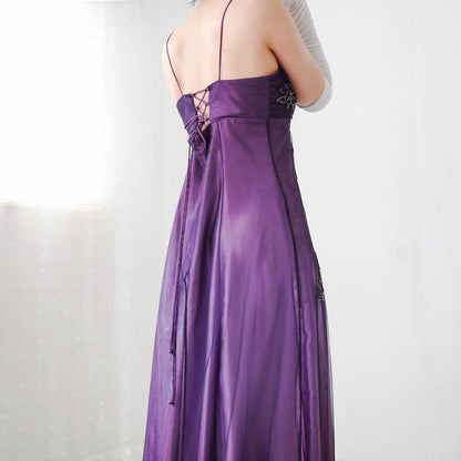 Purple Elegant Beautiful Exquisite Floral Beading Vintage A-Line Spaghetti Strap Long Satin Tulle Ball Gown Evening Dress Birthday Party Dress Prom Dress gh3909