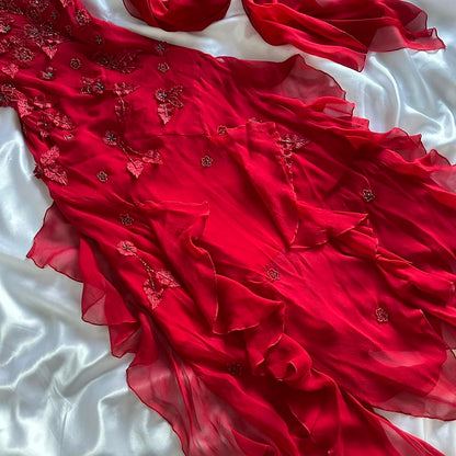 Red gorgeous fashion classy pretty exquisite beaded long chiffon ruffles handmade custom ball gown evening dress party dress gh3548