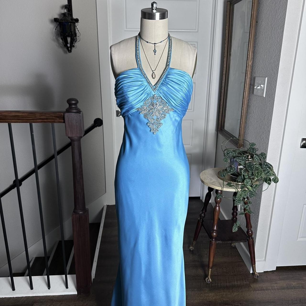 Bright Blue Vintage Floral Beaded Slim Strap Formal Prom Dress Small Train Long Satin Ball Gown Evening Dress Party Dress gh4341