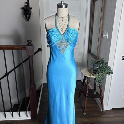 Bright Blue Vintage Floral Beaded Slim Strap Formal Prom Dress Small Train Long Satin Ball Gown Evening Dress Party Dress gh4341
