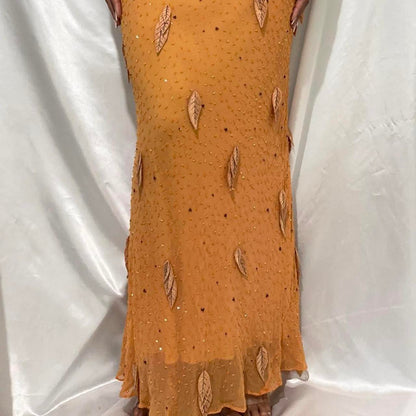 Orange gorgeous retro fashion elegant exquisite leaf beading spaghetti strap long chiffon ball gown evening dress birthday party dress prom dress gh3642