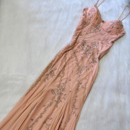 Pretty Vintage Peach Cream Delicate Silver Floral Sequin Beaded Long Chiffon Ball Gown Evening Gown Prom Dress Birthday Party Dress gh3809