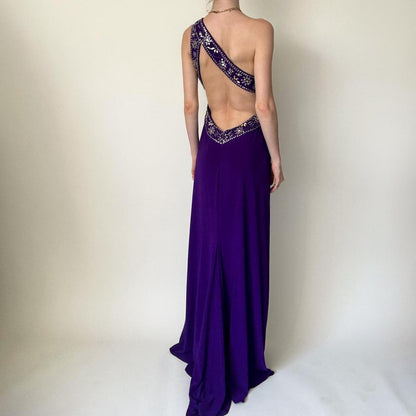 Purple One Shoulder Long Strap Trailing Beaded Off Shoulder Ball Gown Evening Dress gh4590