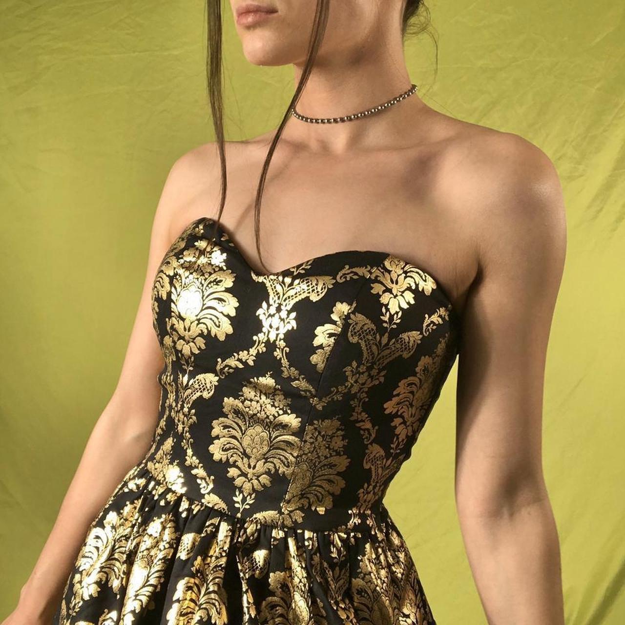 __ Y2K Gold and Black Fashion Jacquard Brocade Printed Mini Short Homecoming Dress Cocktail Dress Party Dress gh4610