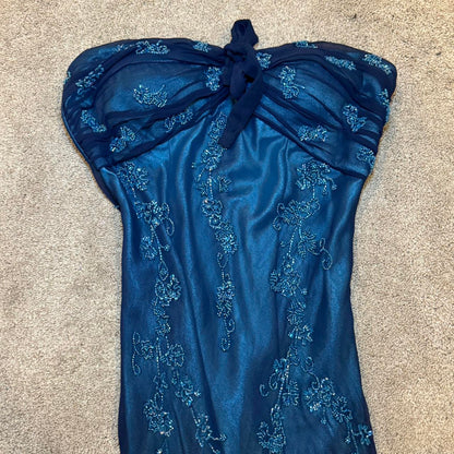 Blue Gorgeous Flowing Retro Beautiful Elegant Delicate Floral Beaded Long Chiffon Ball Gown Evening Gown Party Dress Prom Dress gh3904