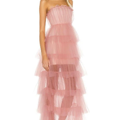 Pink fashion sweet A-line strapless long elegant layered tulle ball gown evening dress party dress gh2818
