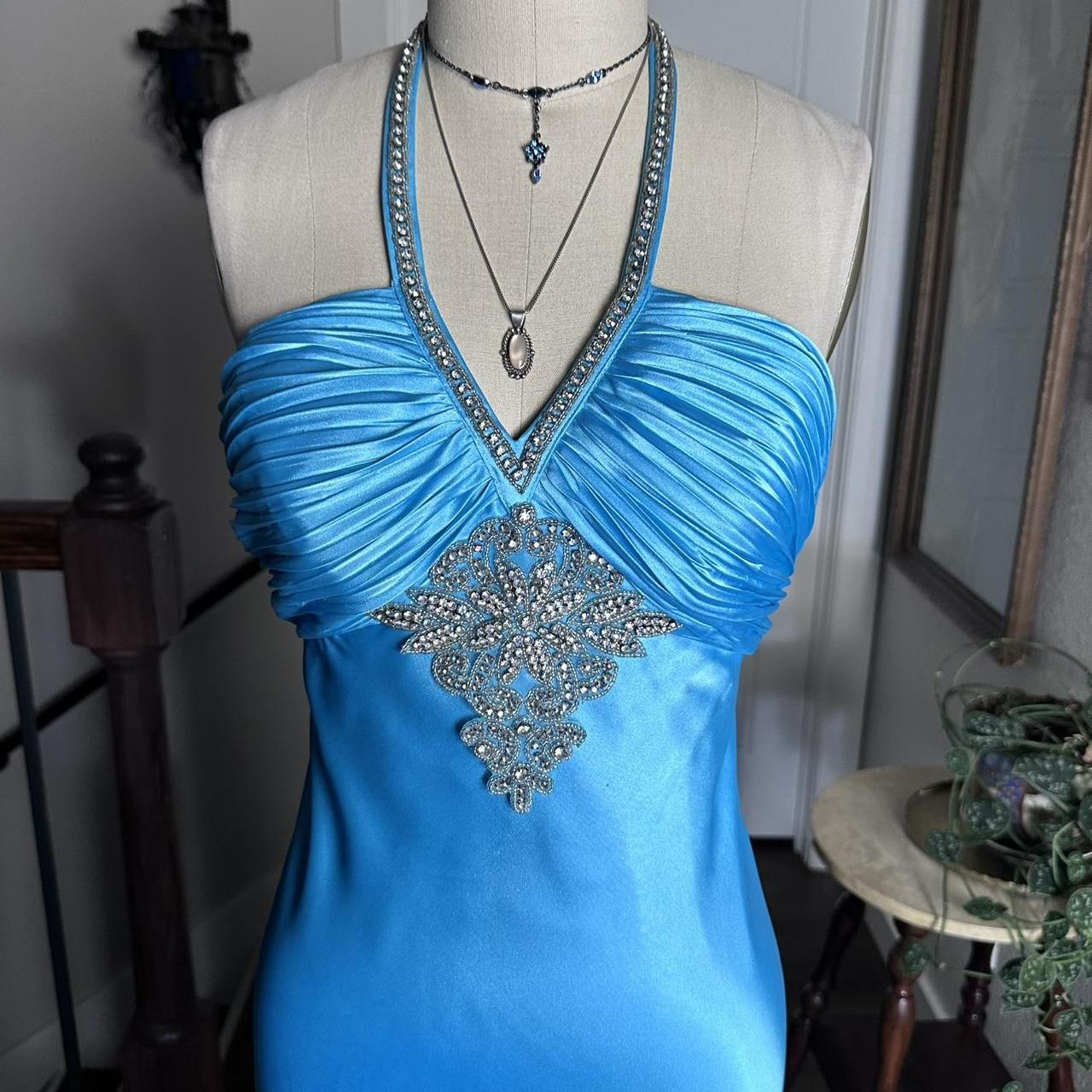 Bright Blue Vintage Floral Beaded Slim Strap Formal Prom Dress Small Train Long Satin Ball Gown Evening Dress Party Dress gh4341