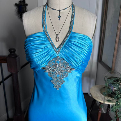 Bright Blue Vintage Floral Beaded Slim Strap Formal Prom Dress Small Train Long Satin Ball Gown Evening Dress Party Dress gh4341
