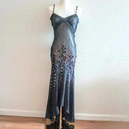 Black stylish elegant pink delicate floral beaded spaghetti strap chiffon prom dress evening dress party dress gh3568