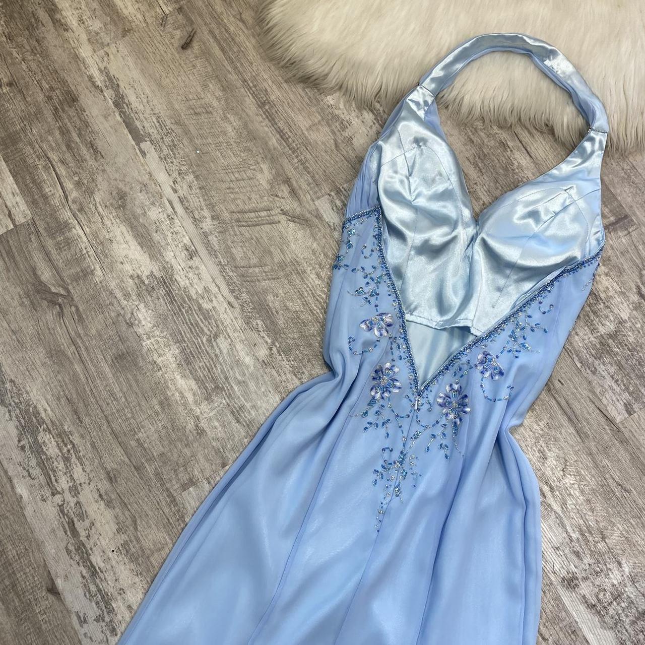 Beautiful light blue A-line strap blue delicate floral rhinestone sequin beaded backless long slit chiffon ball gown evening gown prom gown birthday party dress gh3805