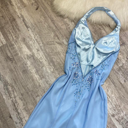 Beautiful light blue A-line strap blue delicate floral rhinestone sequin beaded backless long slit chiffon ball gown evening gown prom gown birthday party dress gh3805