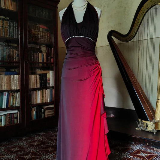 Burgundy retro gradient fashion elegant exquisite beaded sling long chiffon ball gown, evening dress, party dress,prom dress gh3528