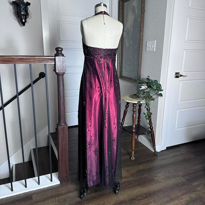 Fuchsia Vintage Fashion Stunning Elegant Exquisite Beaded Long Satin Tulle High Waist Formal Gothic Ball Gown Evening Dress Birthday Party Dress Prom Dress Graduation Dress gh3910