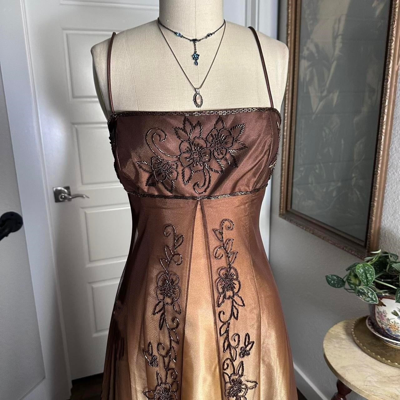 Gradient Tan Brown Gold Bronze Vintage Elegant Exquisite Beading Long Tulle Satin Floor Length Ball Gown Evening Gown Party Gown Graduation Gown gh3937