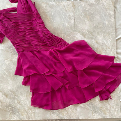 Purple Magenta Fashion Elegant Pleated Corset Midi Short Mini Asymmetric Chiffon Ruffle Homecoming Dress Prom Dress Evening Dress Party Dress Dance Dress gh3812