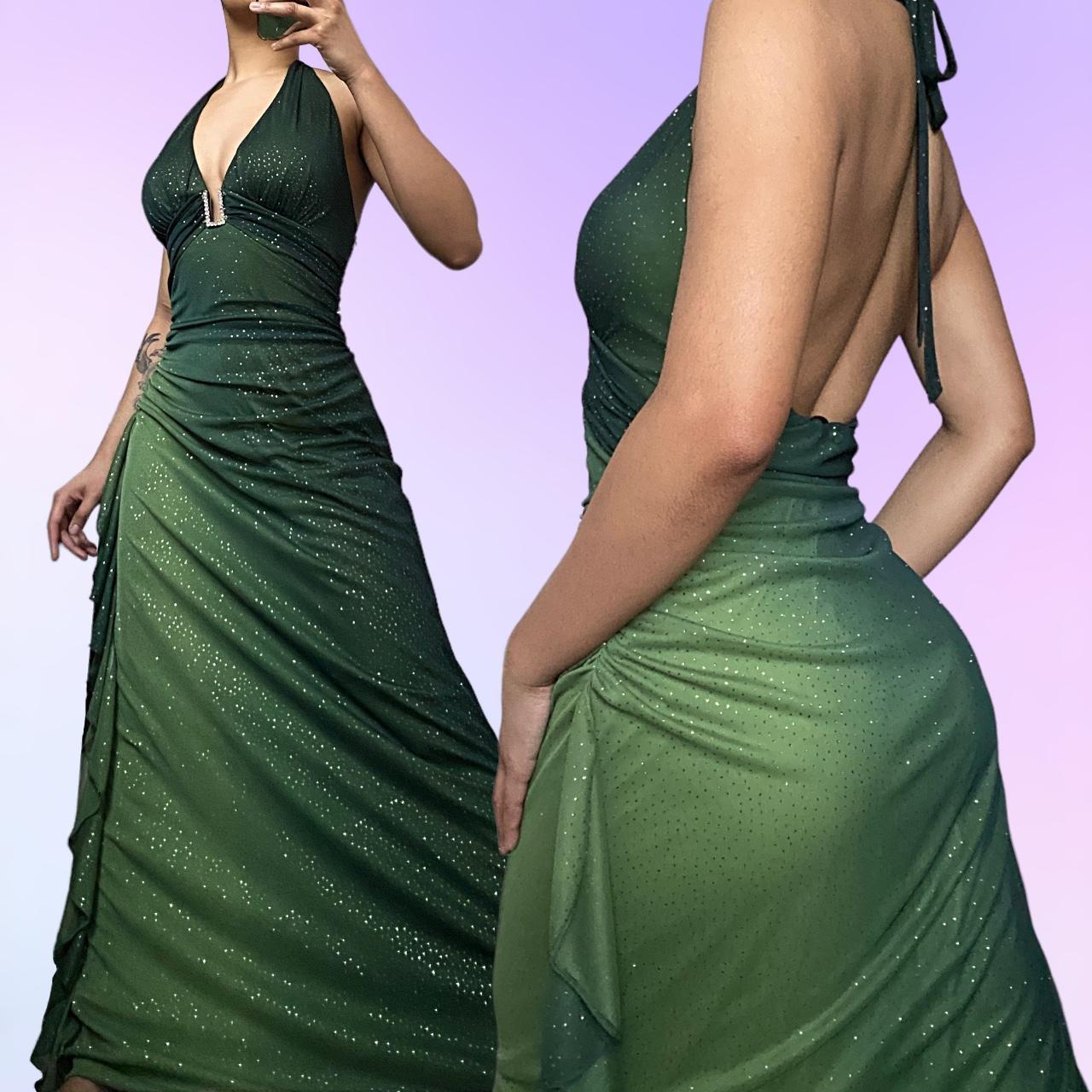 Green stunning beautiful flowing retro gradient shiny V-neck long chiffon ball gown evening dress party dress gh4674