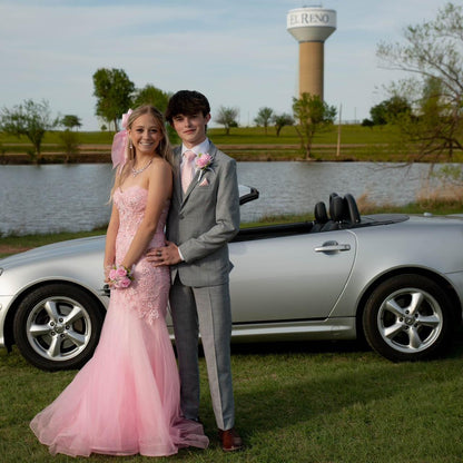 Pink strapless exquisite applique mermaid long tulle ball gown evening dress gh3002