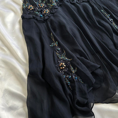 Dark Fairy Retro Navy Blue Fashion Elegant Beautiful Exquisite Gemstone Beaded Mid-Length Chiffon Ruffles Handmade Custom Prom Dress Evening Dress Party Dress Prom Dress gh3750