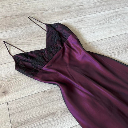 Purple Vintage Elegant Exquisite Black Embroidery Beading Spaghetti Straps Floor Length Formal Satin Lace Ball Gown Evening Dress Birthday Party Dress Prom Dress gh3834