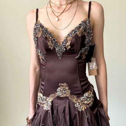 Brown Beaded Floral Short Satin Homecoming Dress Birthday Party Dress gh5085