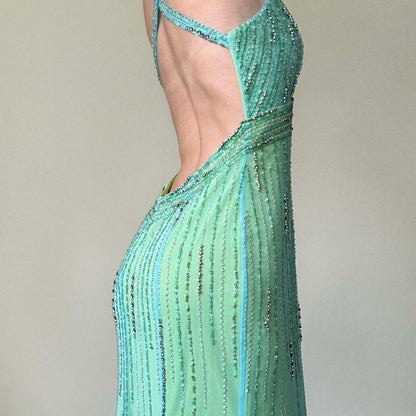 Green Blue Vintage Beads Rhinestones Women's Tulle Mermaid Slim Fit Long Prom Dress Vintage Backless Stunning Formal Ball Gown Evening Dress gh4589