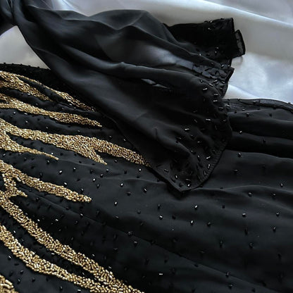 Black Gorgeous Delicate Gold Beaded Rhinestone Spaghetti Straps Long chiffon Ball Gown Evening Gown Party Dress Prom Gown gh3866