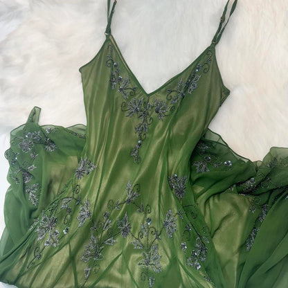 Green Vintage Fashion Elegant Exquisite Beaded Long Chiffon Suspender Dress Floral Embroidery Ball Gown Evening Gown Party Dress Prom Gown gh3720