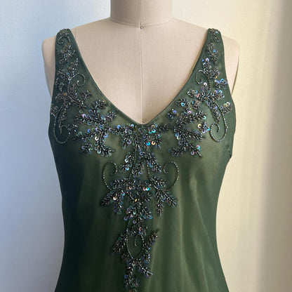 Green Vintage V Neck Elegant Exquisite Beaded Long Chiffon Ball Gown Evening Gown Party Dress Prom Gown gh3707