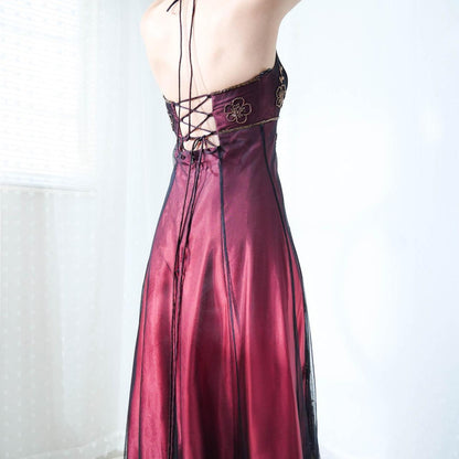 Burgundy Floral Exquisite Beading Long Satin Tulle Ball Gown Evening Dress Party Dress gh4294