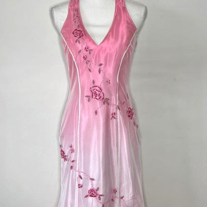 Pink Fashion Gradient Elegant V-neck Exquisite Floral Beading Backless Long Tulle Satin prom dress Evening Dress Party Dress gh3577