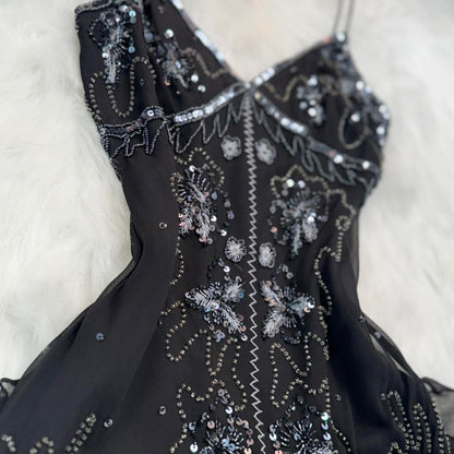 Black gorgeous exquisite beaded short chiffon homecoming dress birthday party dress gh5010