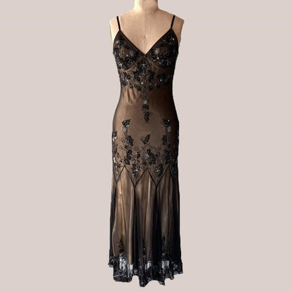 Brown Black Retro Elegant Stunning Exquisite Beaded Long Chiffon Ball Gown Evening Gown Party Dress Prom Gown gh3897
