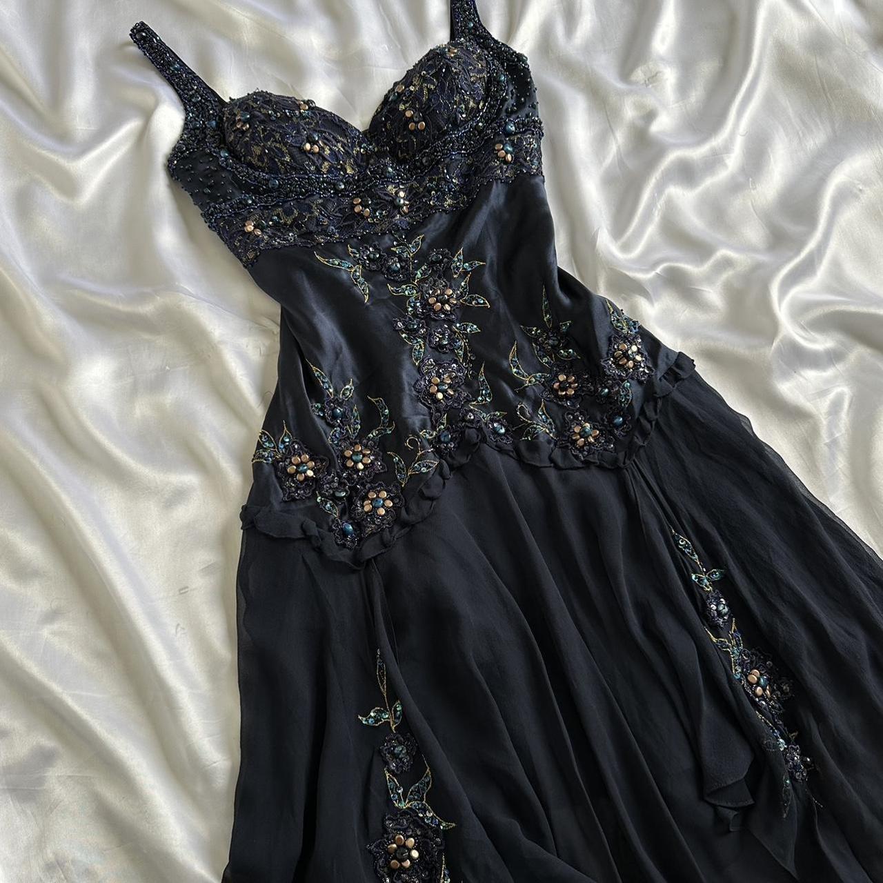 Dark Fairy Retro Navy Blue Fashion Elegant Beautiful Exquisite Gemstone Beaded Mid-Length Chiffon Ruffles Handmade Custom Prom Dress Evening Dress Party Dress Prom Dress gh3750