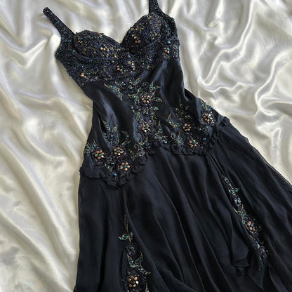 Dark Fairy Retro Navy Blue Fashion Elegant Beautiful Exquisite Gemstone Beaded Mid-Length Chiffon Ruffles Handmade Custom Prom Dress Evening Dress Party Dress Prom Dress gh3750