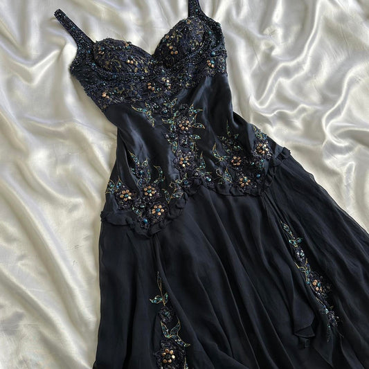 Dark Fairy Retro Navy Blue Fashion Elegant Beautiful Exquisite Gemstone Beaded Mid-Length Chiffon Ruffles Handmade Custom Prom Dress Evening Dress Party Dress Prom Dress gh3750