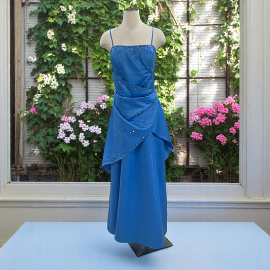 Blue beaded evening gown vintage glam ball gown floral long satin ball gown evening dress party dress gh4351