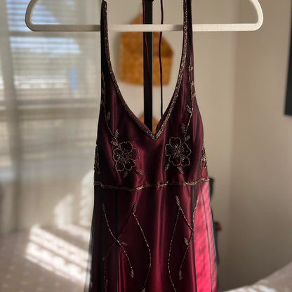 Burgundy Floral Exquisite Beading Long Satin Tulle Ball Gown Evening Dress Party Dress gh4294