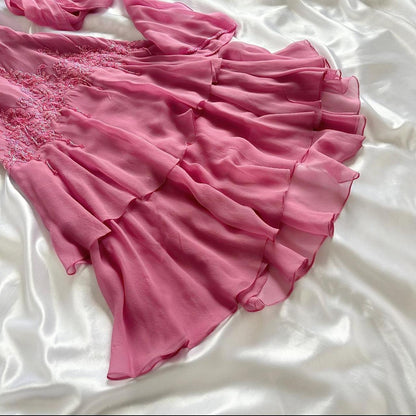 Pink gorgeous exquisite elegant beaded long chiffon ruffled ball gown, evening dress, party dress gh3513