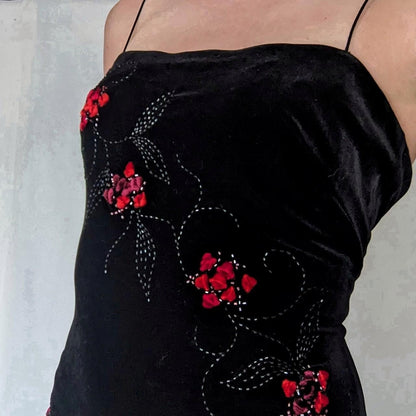 Black Vintage Elegant Delicate Rose Floral Beaded Long Velvet Ball Gown Evening Gown Birthday Party Gown Prom Gown gh3802