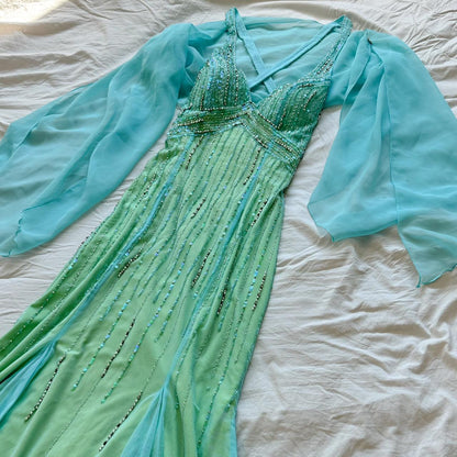 Green Blue Vintage Beads Rhinestones Women's Tulle Mermaid Slim Fit Long Prom Dress Vintage Backless Stunning Formal Ball Gown Evening Dress gh4589